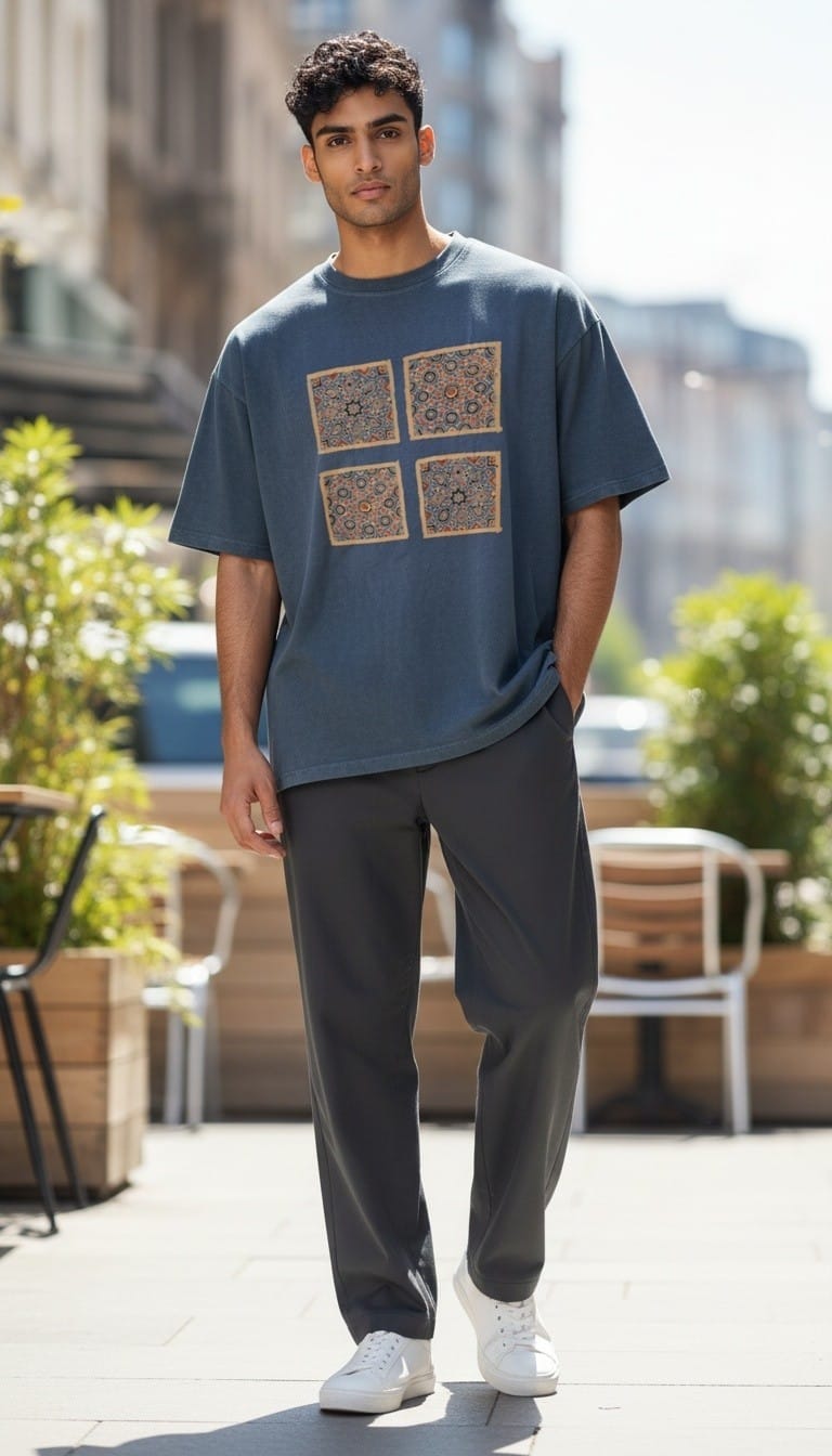 Men’s Blue T-Shirt with Four Ajrakh Motifs
