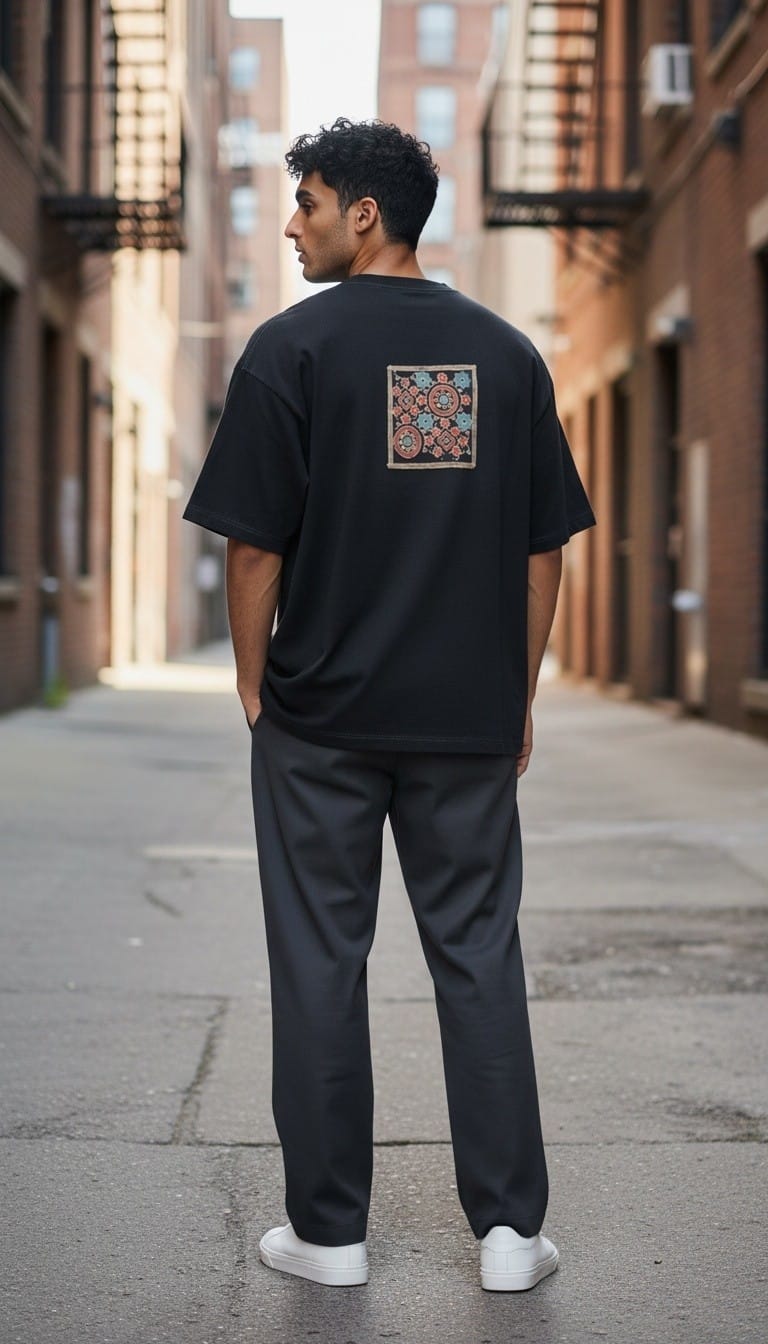 Men’s Black T-Shirt with Back Ajrakh Motif