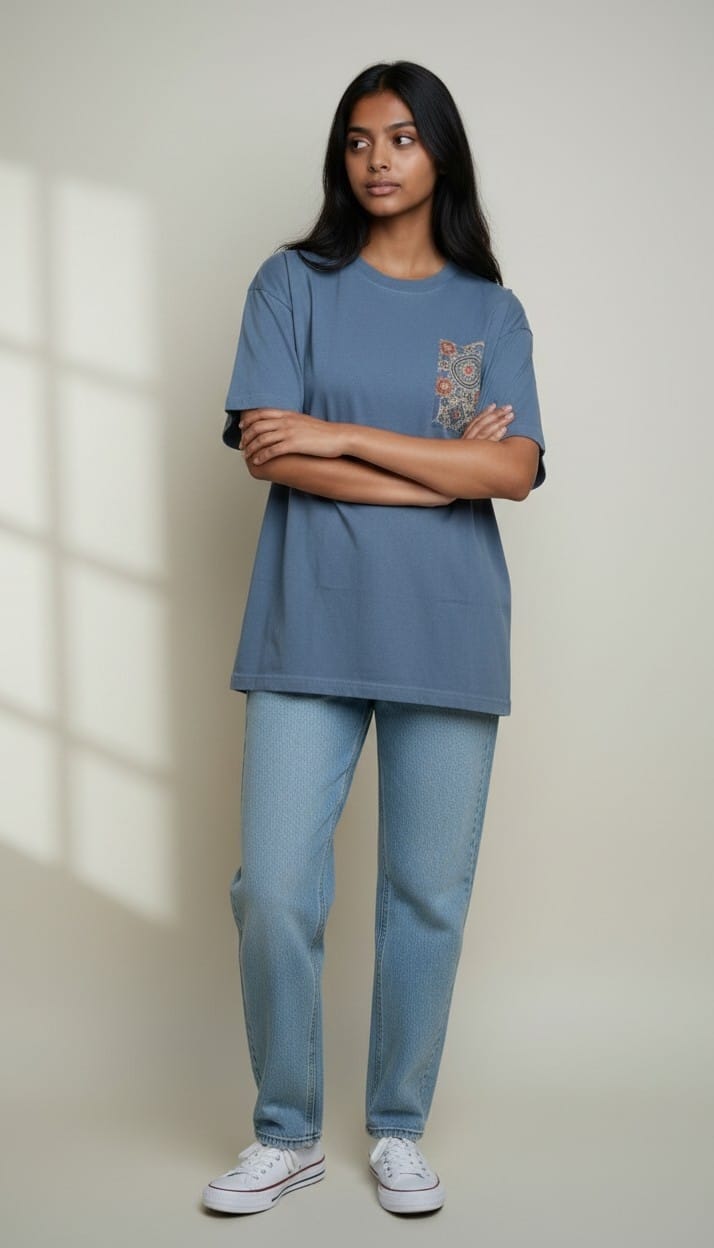 Women’s Blue T-Shirt with Ajrakh Motif