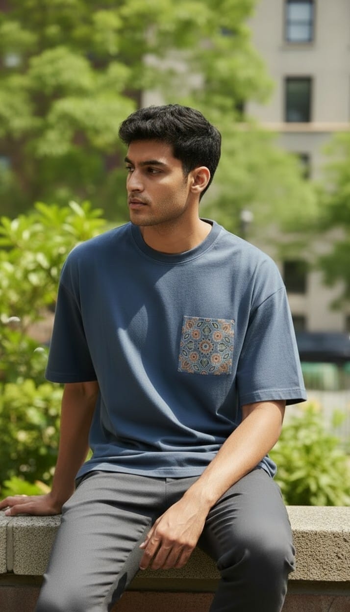 Men’s Blue T-Shirt with Ajrakh Motif