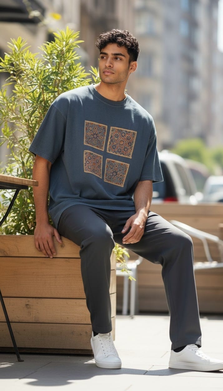 Men’s Blue T-Shirt with Four Ajrakh Motifs