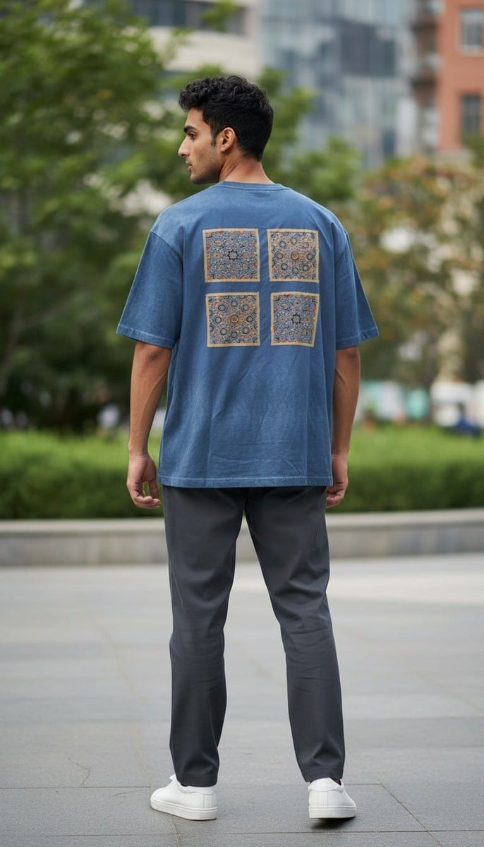 Men’s Blue T-Shirt with Four Back Ajrakh Motifs