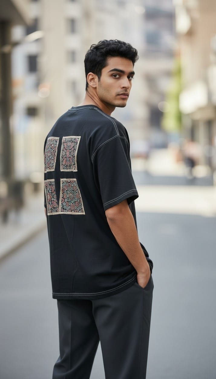Men’s Black T-Shirt with Four Back Ajrakh Motifs
