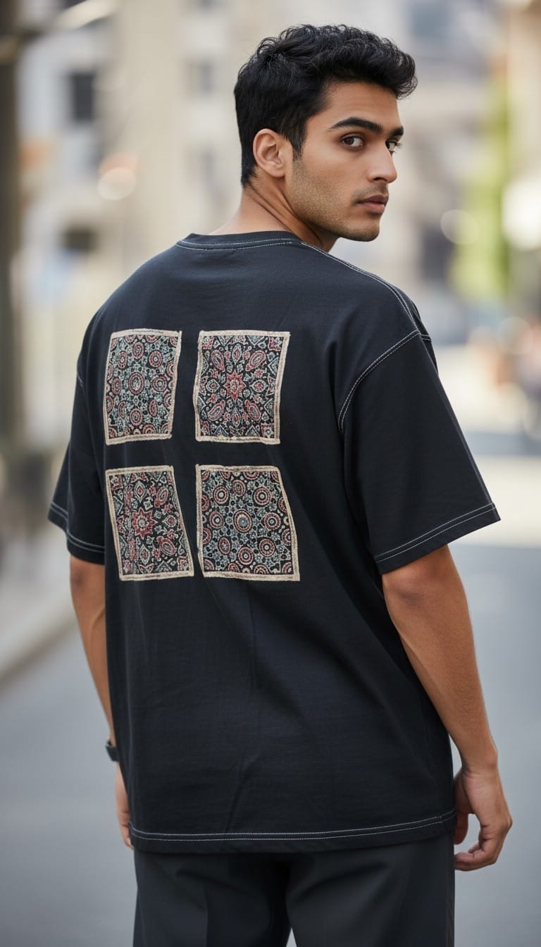 Men’s Black T-Shirt with Four Back Ajrakh Motifs