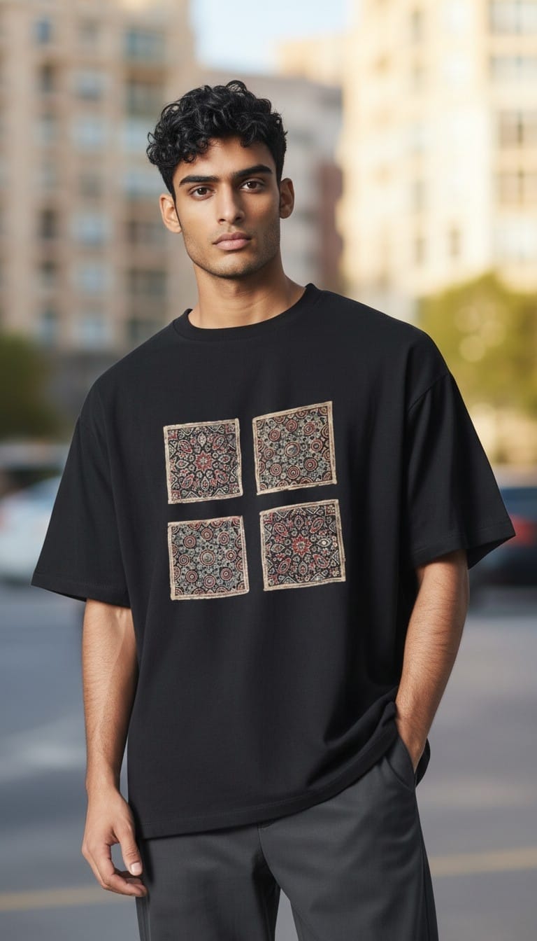 Men’s Black T-Shirt with Four Front Ajrakh Motifs