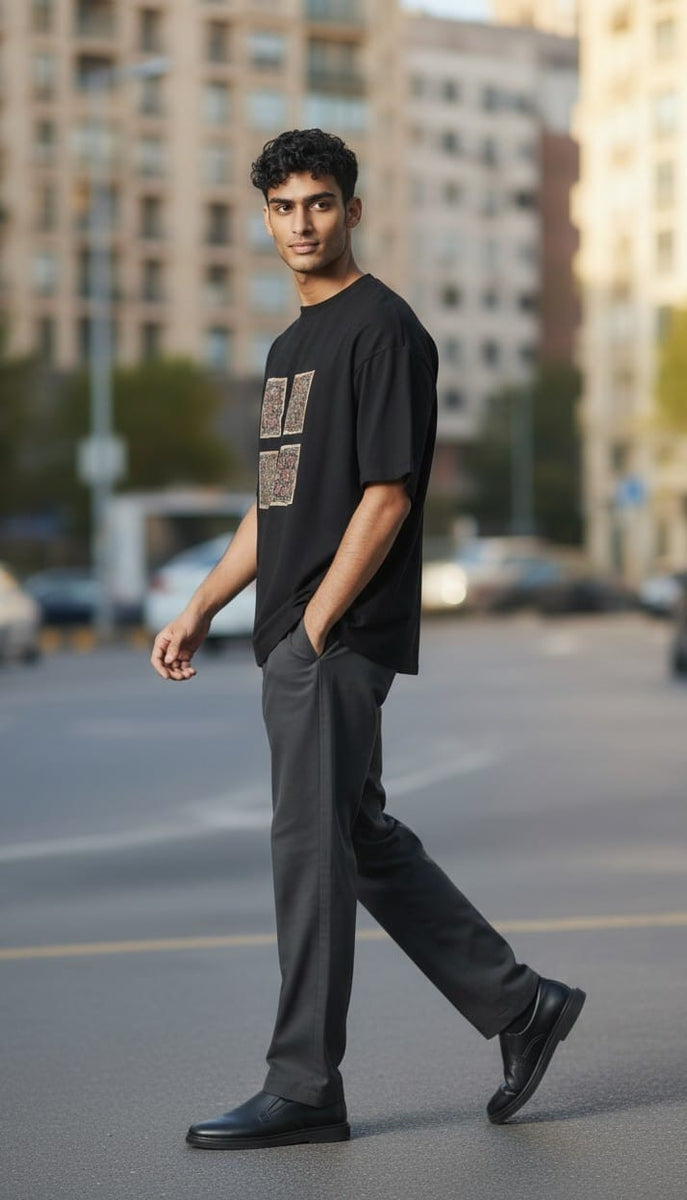 Men’s Black T-Shirt with Four Front Ajrakh Motifs