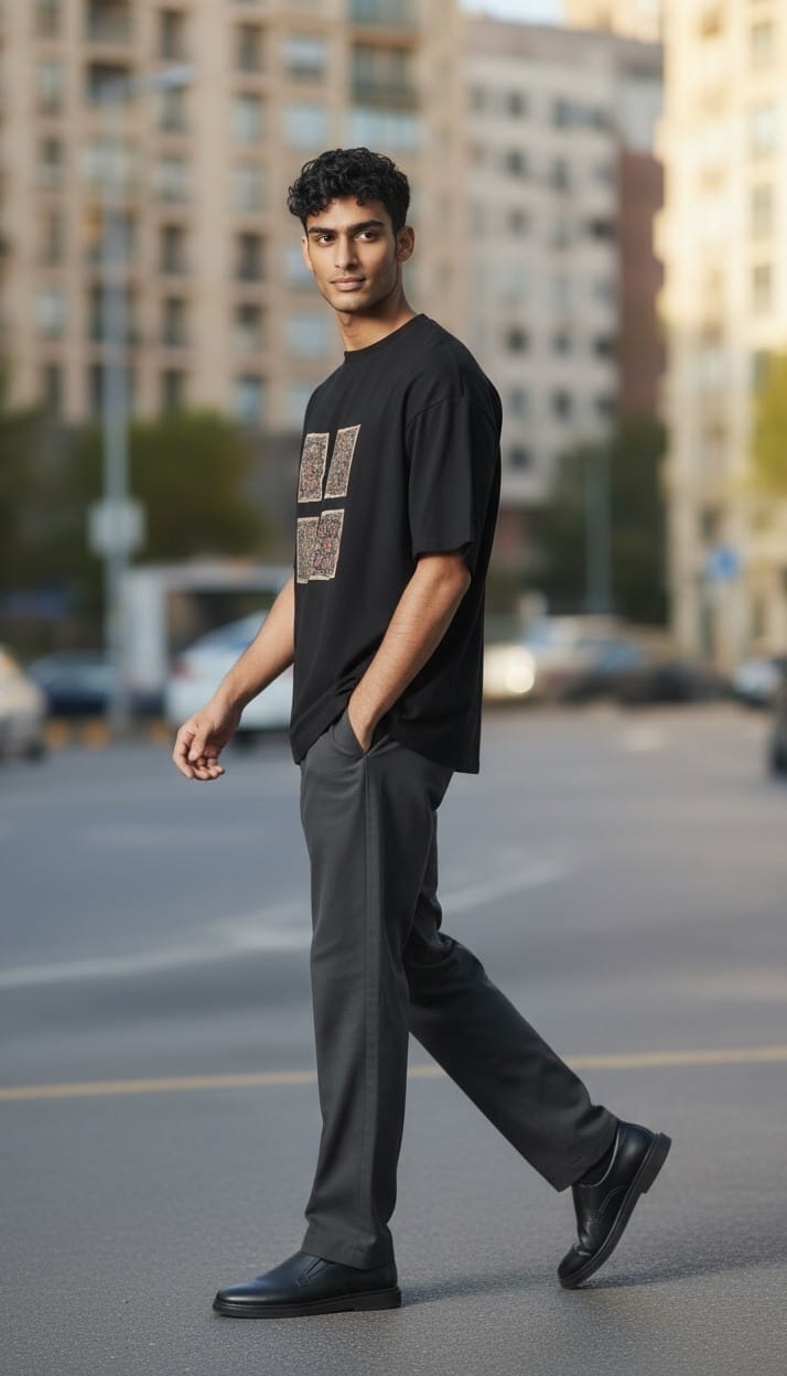 Men’s Black T-Shirt with Four Front Ajrakh Motifs