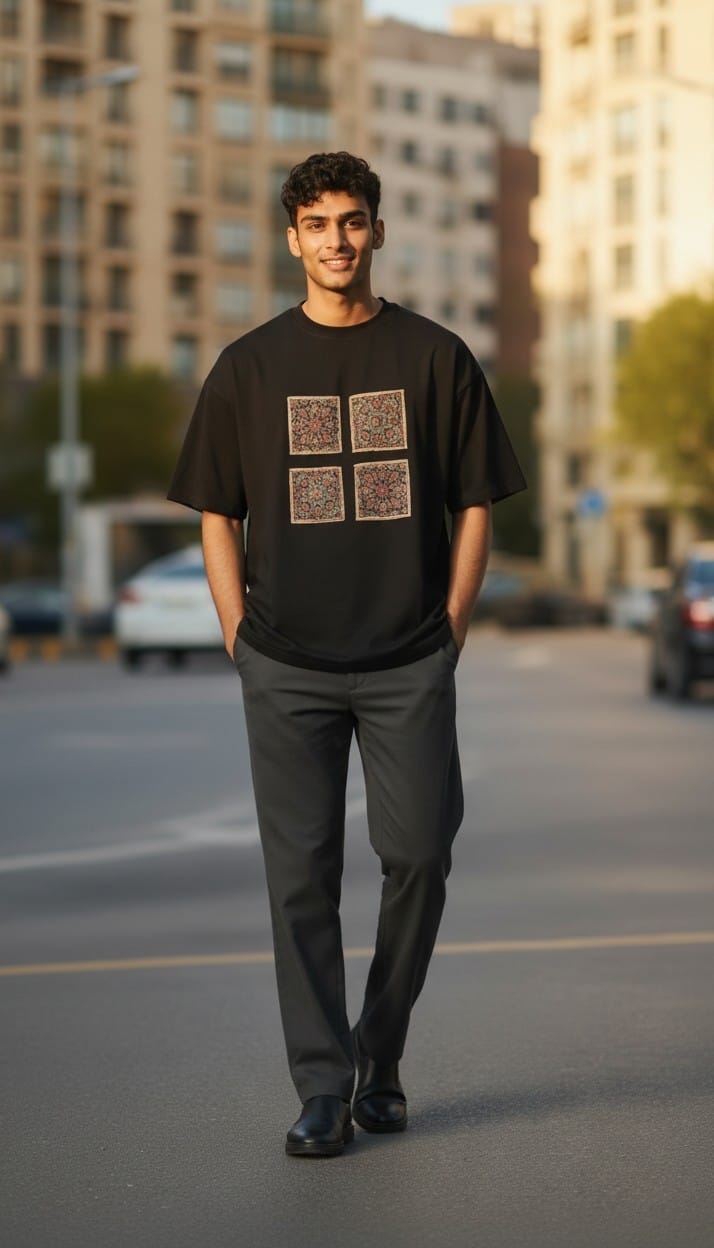 Men’s Black T-Shirt with Four Front Ajrakh Motifs