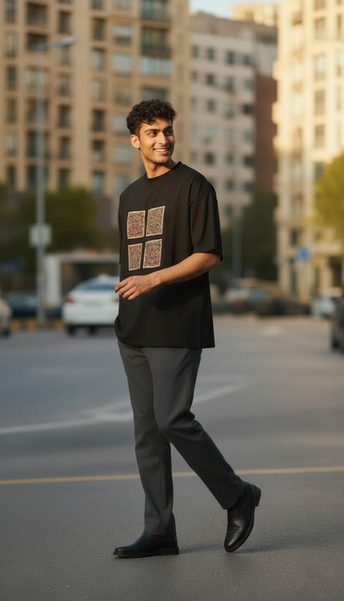Men’s Black T-Shirt with Four Front Ajrakh Motifs
