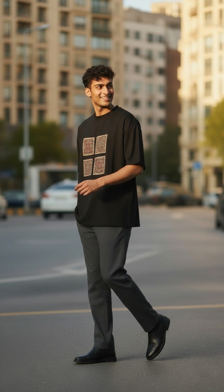 Men’s Black T-Shirt with Four Front Ajrakh Motifs