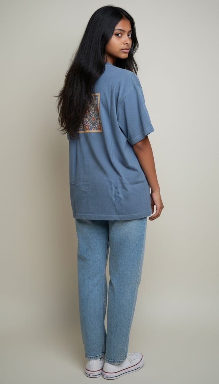 Women’s Blue T-Shirt with Back Ajrakh Motif