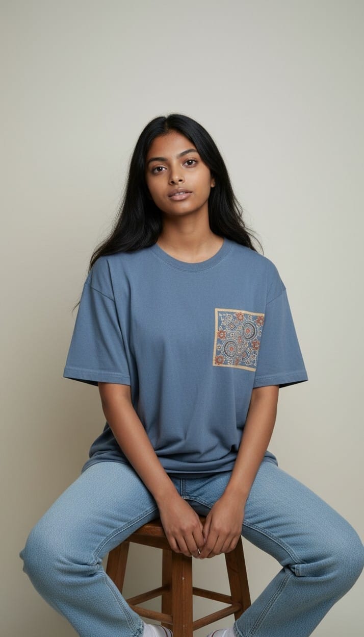 Women’s Blue T-Shirt with Ajrakh Motif