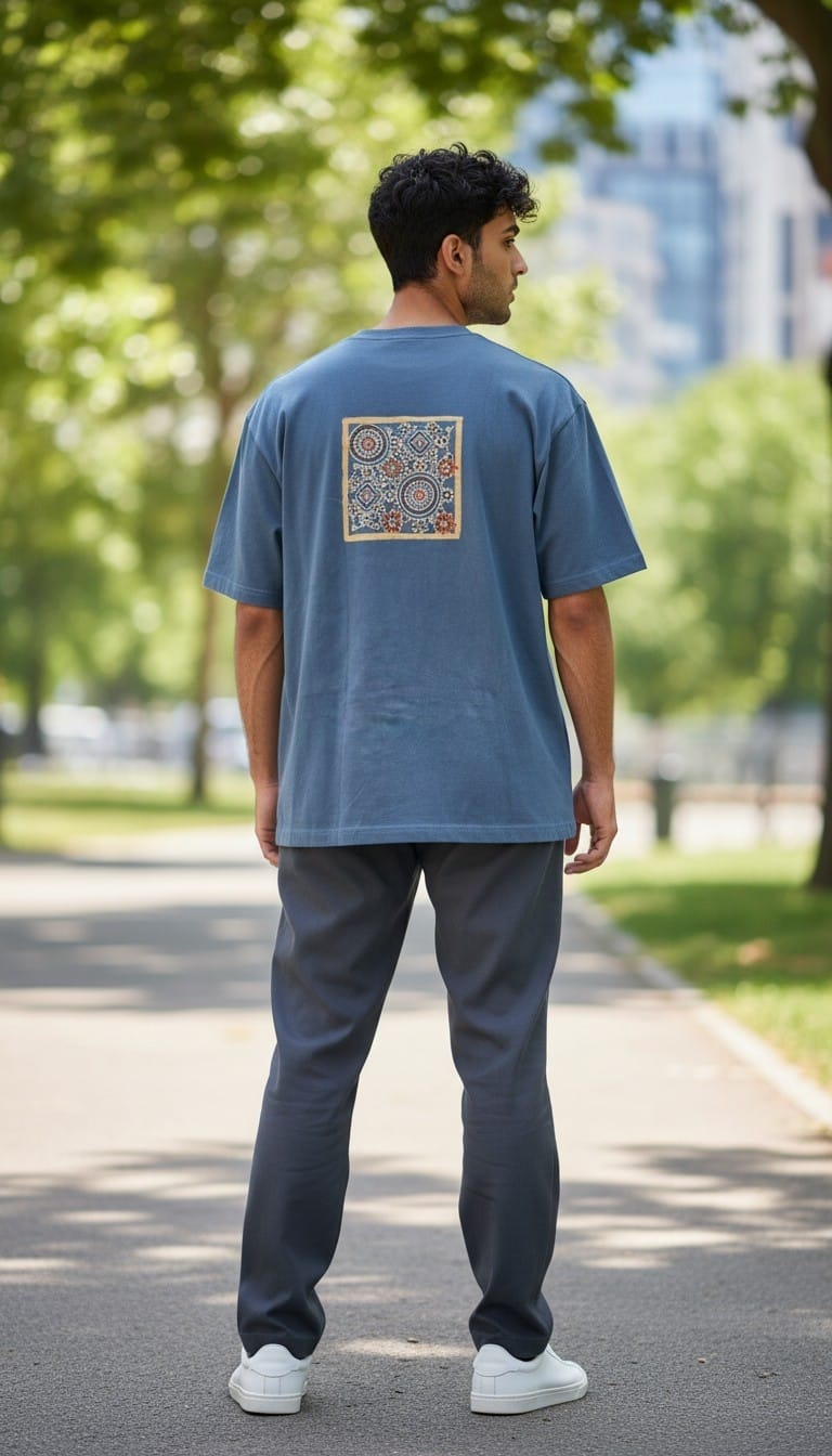 Men’s Blue T-Shirt with Back Ajrakh Motif