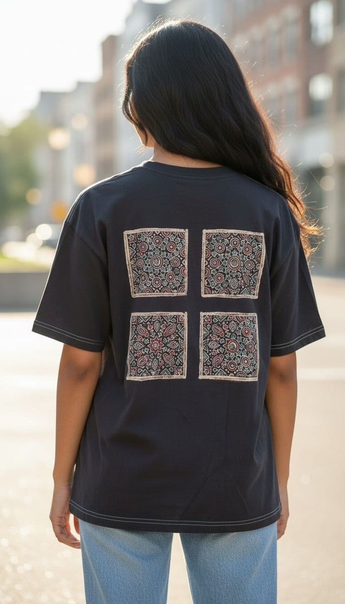 Women’s Black T-Shirt with Four Back Ajrakh Motifs