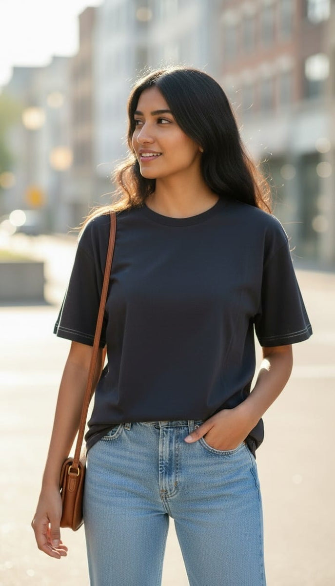 Women’s Black T-Shirt with Four Back Ajrakh Motifs
