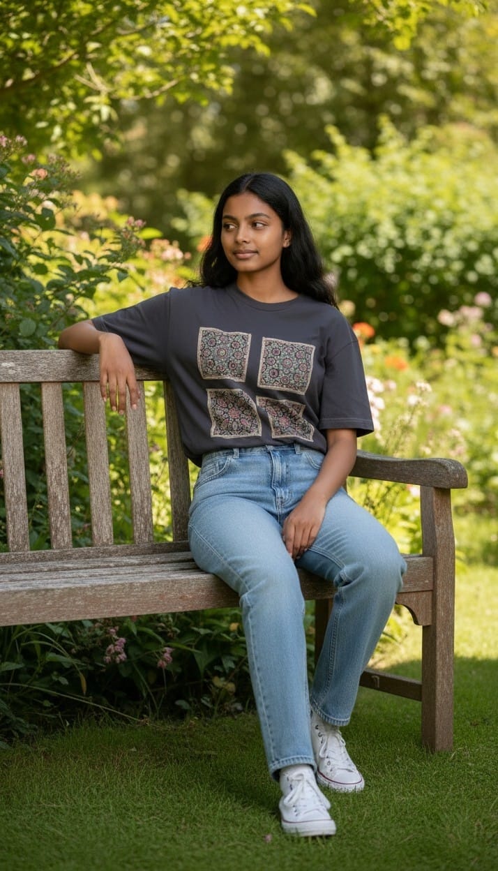Women’s Charcoal Black  T-Shirt with Four Front Ajrakh Motifs