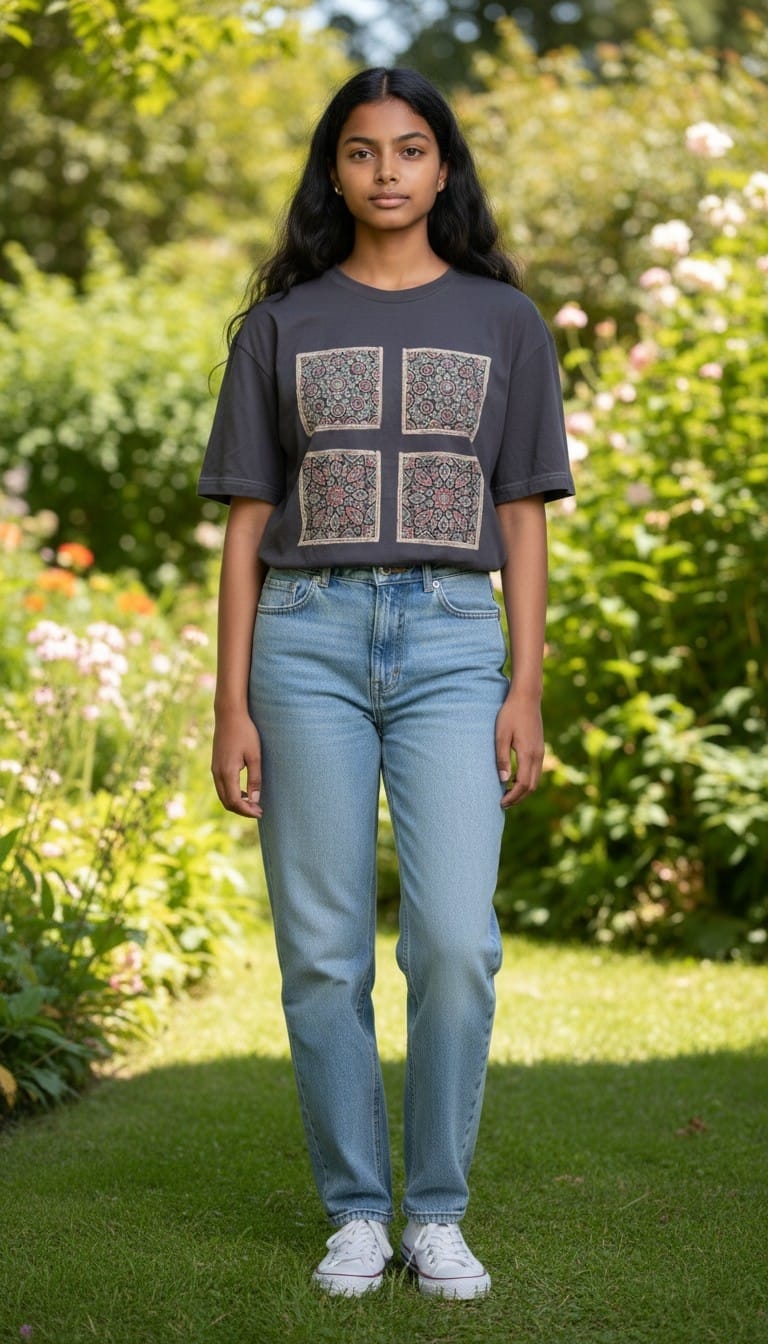 Women’s Charcoal Black  T-Shirt with Four Front Ajrakh Motifs