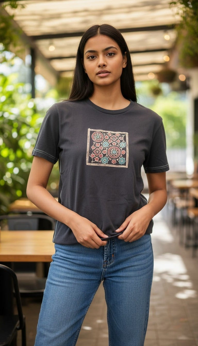 Women’s Charcoal Black T-Shirt with Ajrakh Motif