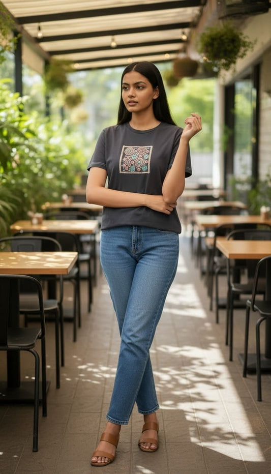 Women’s Charcoal Black T-Shirt with Ajrakh Motif