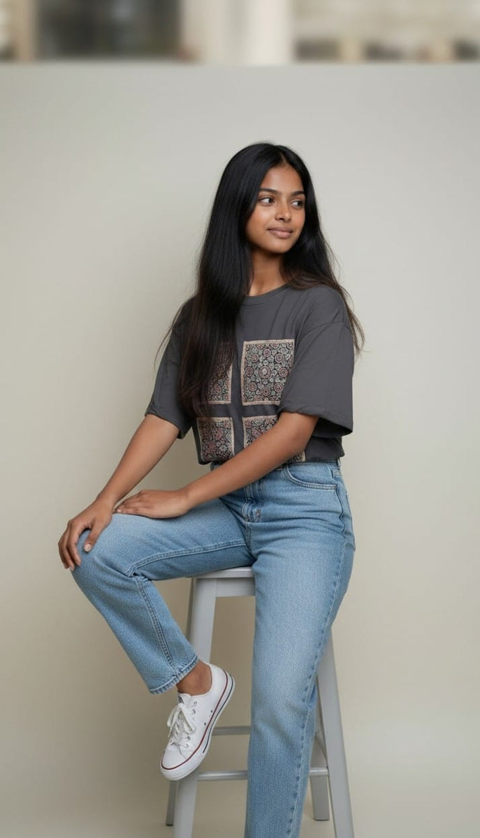 Women’s Charcoal Black  T-Shirt with Four Front Ajrakh Motifs