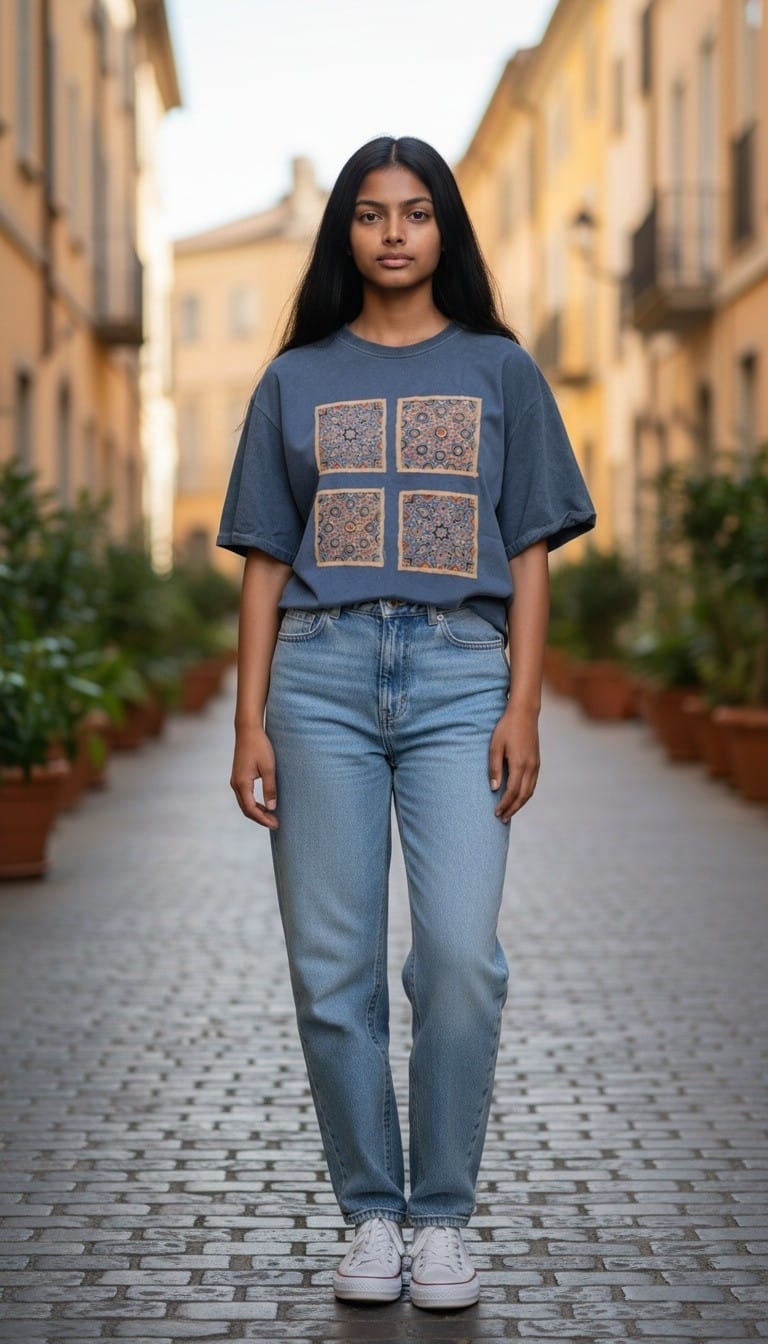 Women’s Blue T-Shirt with Four Back Ajrakh Motifs