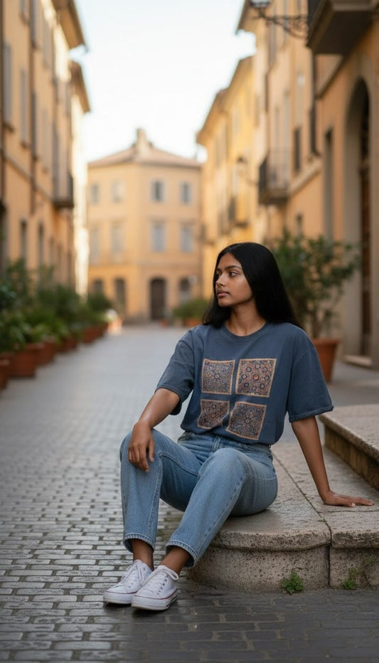 Women’s Blue T-Shirt with Four Back Ajrakh Motifs