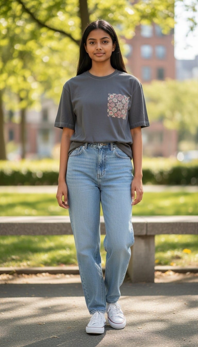 Women’s Blue T-Shirt with Four Front Ajrakh Motifs